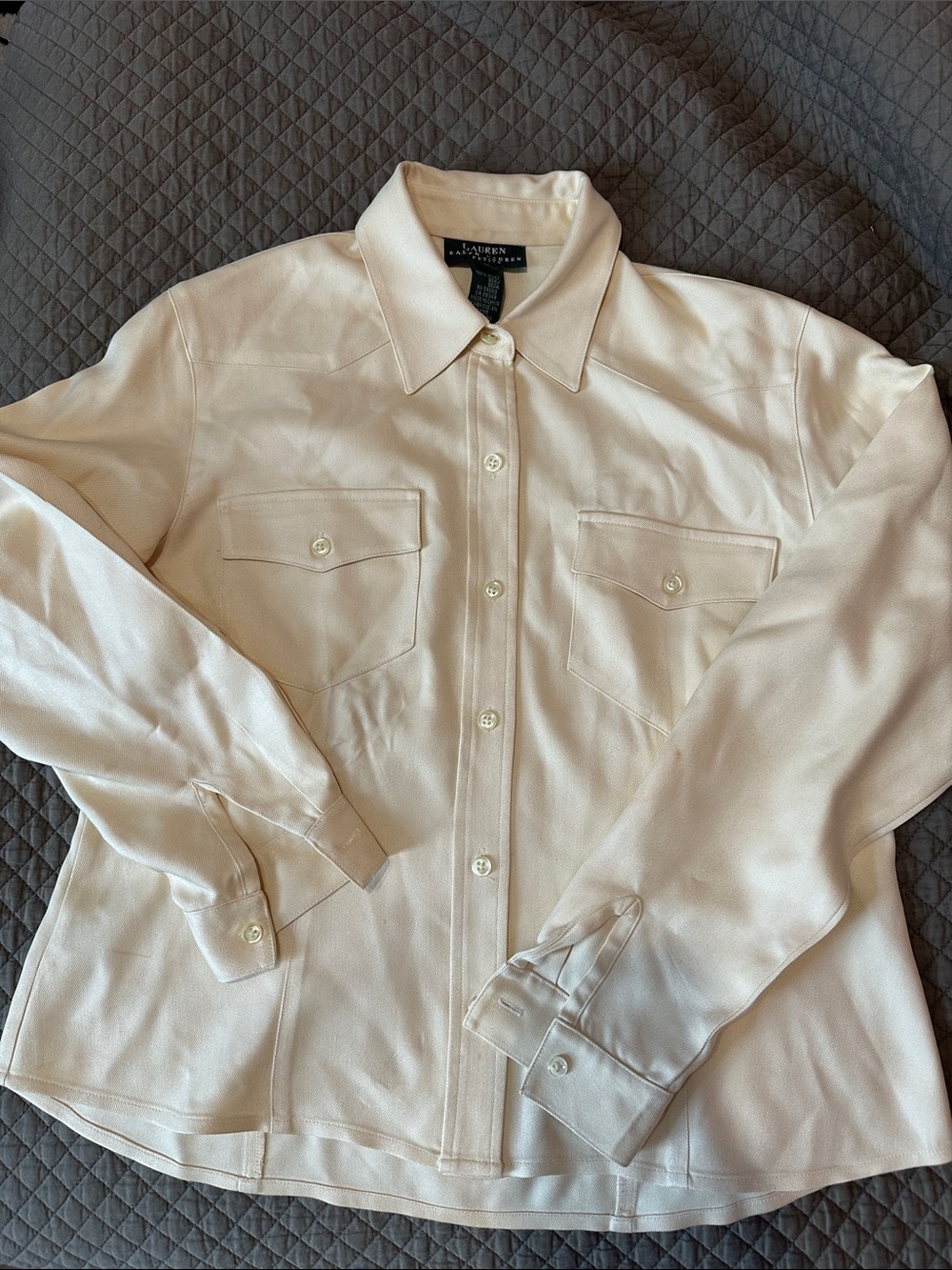 Lauren Ralph Lauren 100% Silk Off-White Button-Up Shirt size 8 Petite